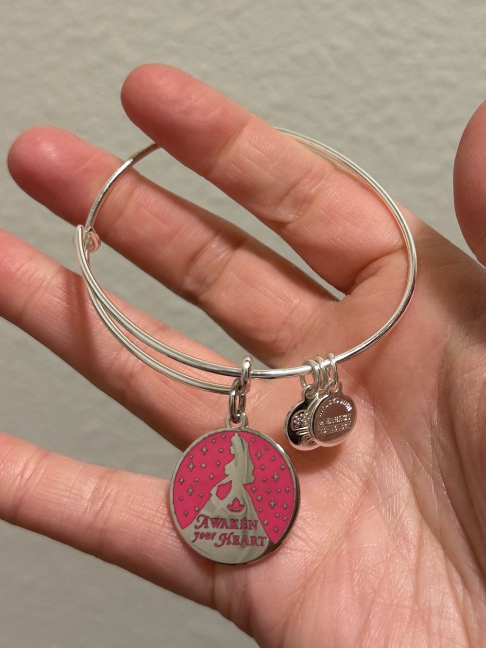 Silver Tone Pink 'Awaken Your Heart' Charm Bangle Bracelet
